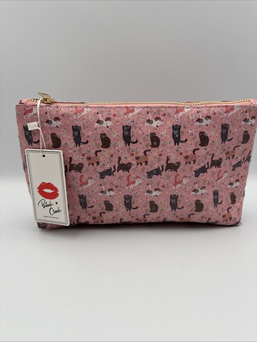 Blush Crush Cats Print Makeup Bag Pink Zipper